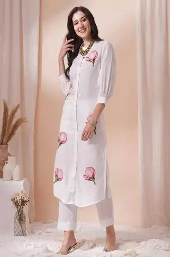 white floral embroidered round neck cotton kurta with trouser