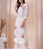 white floral embroidered round neck cotton kurta with trouser