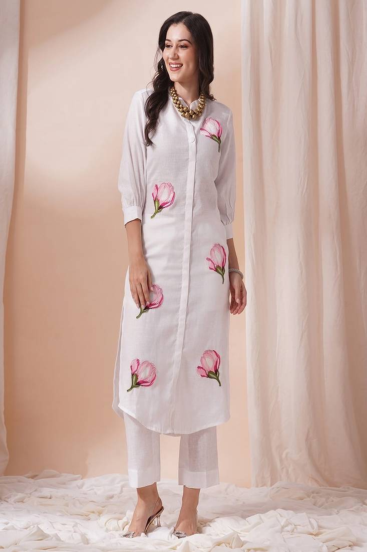 white floral embroidered round neck cotton kurta with trouser