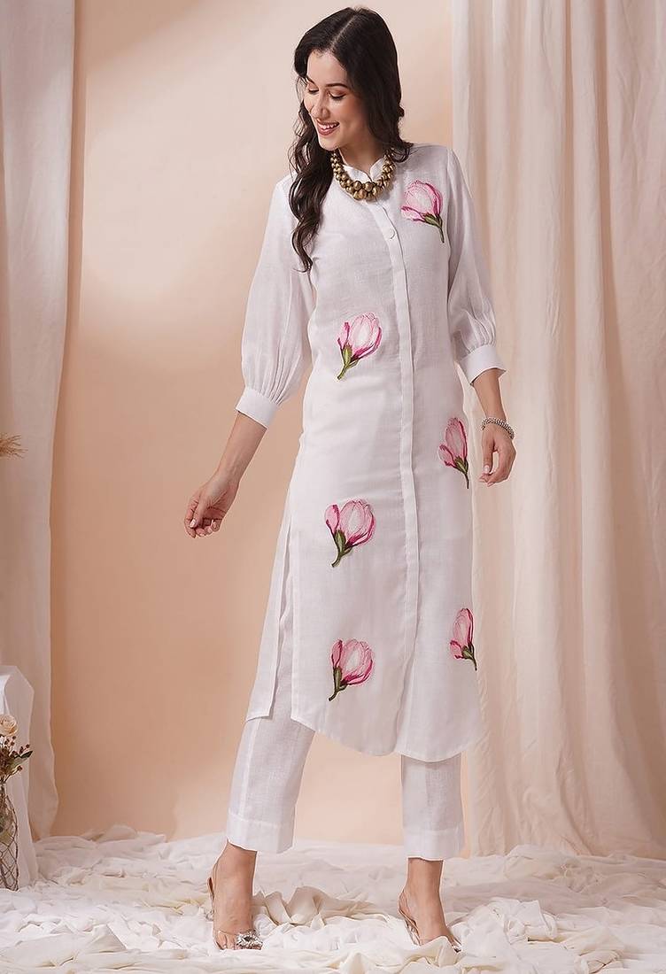 white floral embroidered round neck cotton kurta with trouser