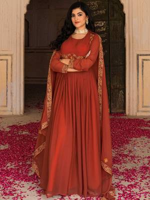 Glamorous Orange Embroidered Georgette Festive Wear Gown With Dupatta 1
