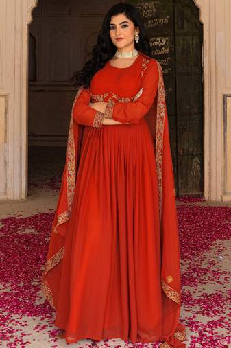 Glamorous Orange Embroidered Georgette Festive Wear Gown With Dupatta