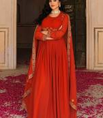 Glamorous Orange Embroidered Georgette Festive Wear Gown With Dupatta