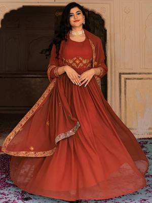 Glamorous Orange Embroidered Georgette Festive Wear Gown With Dupatta 2