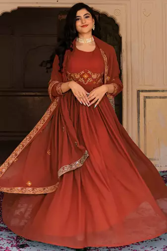 Glamorous Orange Embroidered Georgette Festive Wear Gown With Dupatta