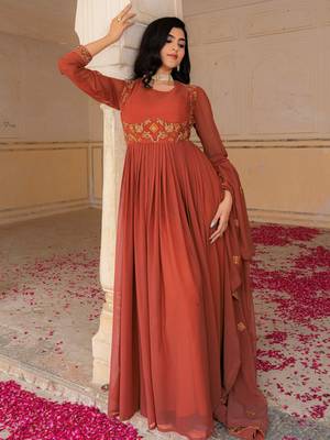Glamorous Orange Embroidered Georgette Festive Wear Gown With Dupatta 3