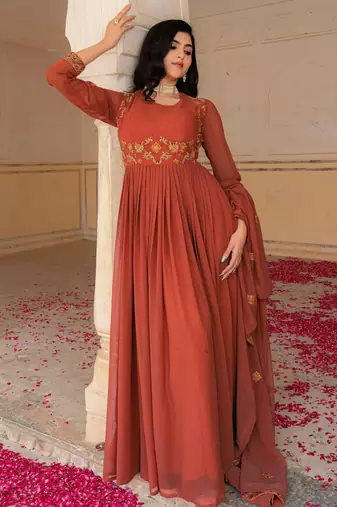 Glamorous Orange Embroidered Georgette Festive Wear Gown With Dupatta