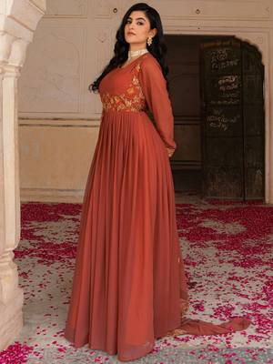 Glamorous Orange Embroidered Georgette Festive Wear Gown With Dupatta 4