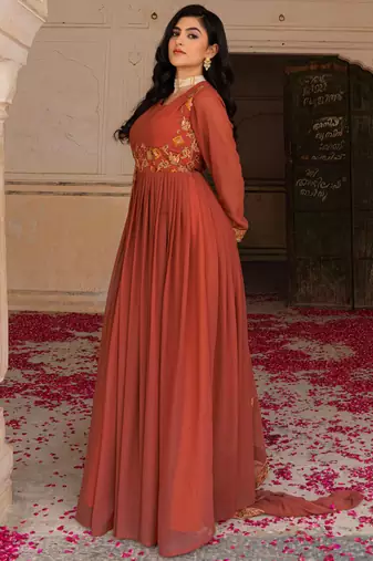Glamorous Orange Embroidered Georgette Festive Wear Gown With Dupatta