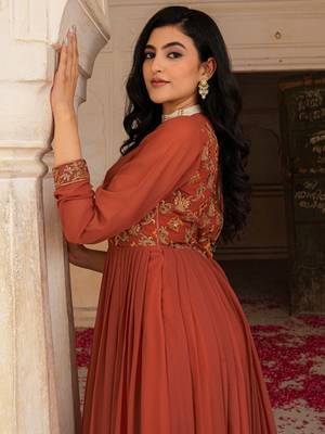 Glamorous Orange Embroidered Georgette Festive Wear Gown With Dupatta 5