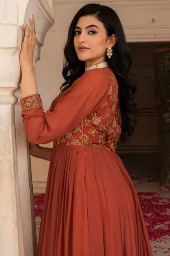 Glamorous Orange Embroidered Georgette Festive Wear Gown With Dupatta