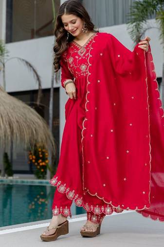 red vichitra silk embroidered flared anarkali pant and dupatta set