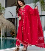 red vichitra silk embroidered flared anarkali pant and dupatta set
