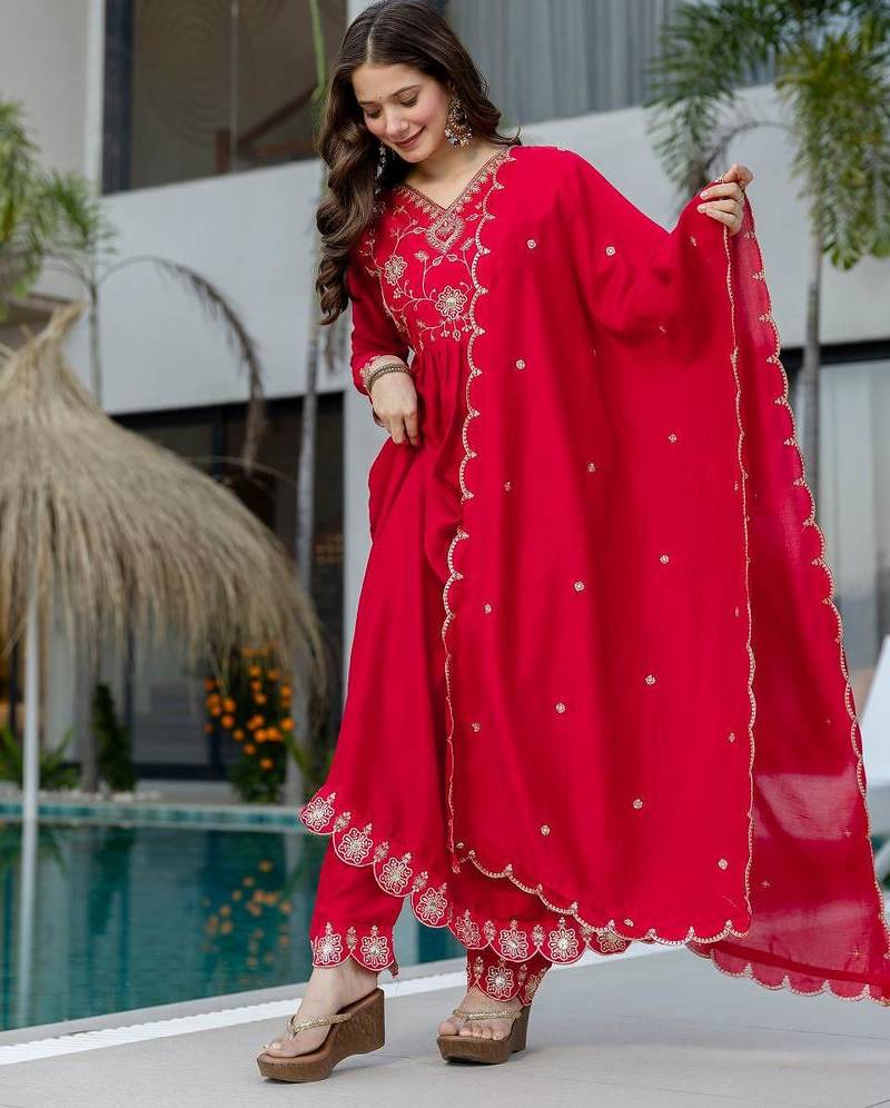 red vichitra silk embroidered flared anarkali pant and dupatta set