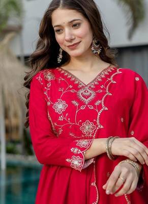 red vichitra silk embroidered flared anarkali pant and dupatta set 2
