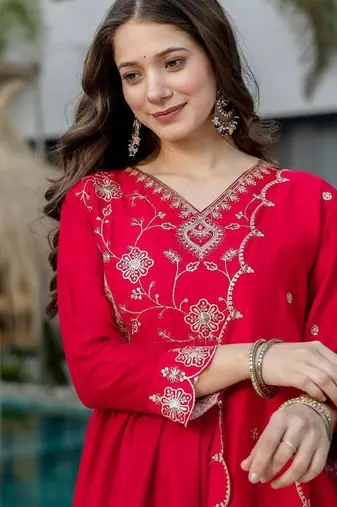 red vichitra silk embroidered flared anarkali pant and dupatta set