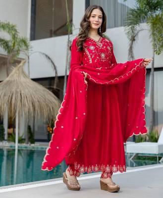 red vichitra silk embroidered flared anarkali pant and dupatta set 3
