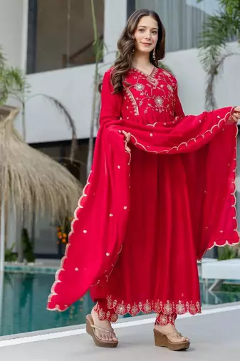 red vichitra silk embroidered flared anarkali pant and dupatta set