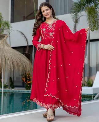 red vichitra silk embroidered flared anarkali pant and dupatta set 5