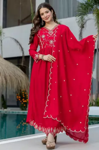 red vichitra silk embroidered flared anarkali pant and dupatta set