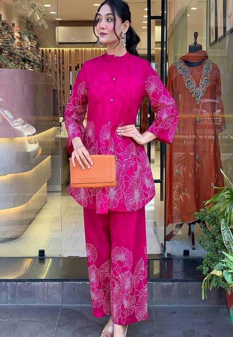 pink floral printed round neck cotton co-ord set