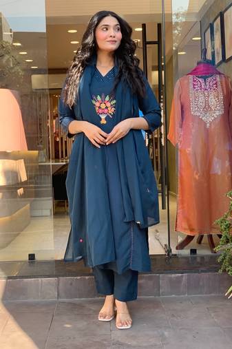 blue floral embroidered  cotton kurta with trouser and dupatta