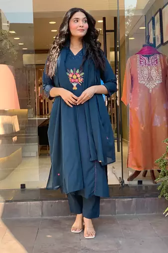 blue floral embroidered  cotton kurta with trouser and dupatta