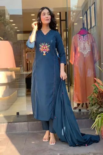 blue floral embroidered  cotton kurta with trouser and dupatta