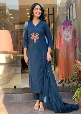 blue floral embroidered  cotton kurta with trouser and dupatta 3