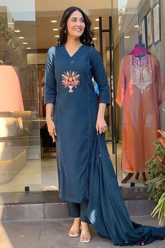 blue floral embroidered  cotton kurta with trouser and dupatta