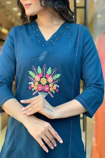 blue floral embroidered  cotton kurta with trouser and dupatta