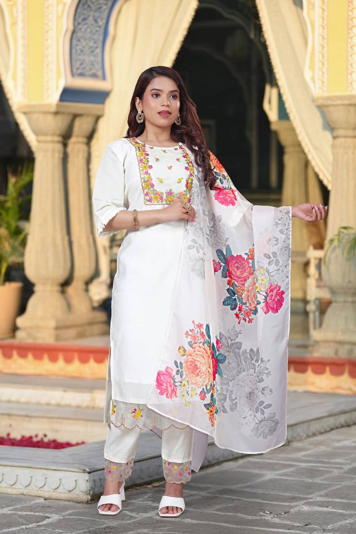 white chanderi embroidered straight kurta pant and dupatta set