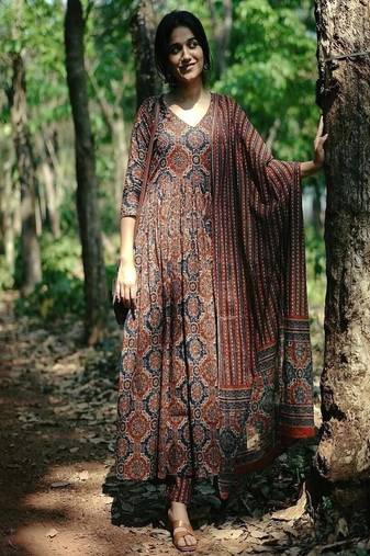 brown floral printed  cotton kurta with trouser and dupatta