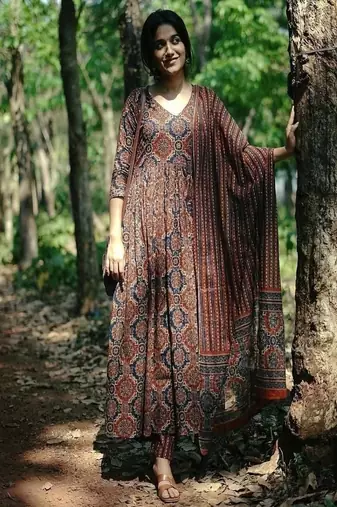 brown floral printed  cotton kurta with trouser and dupatta