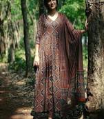brown floral printed  cotton kurta with trouser and dupatta