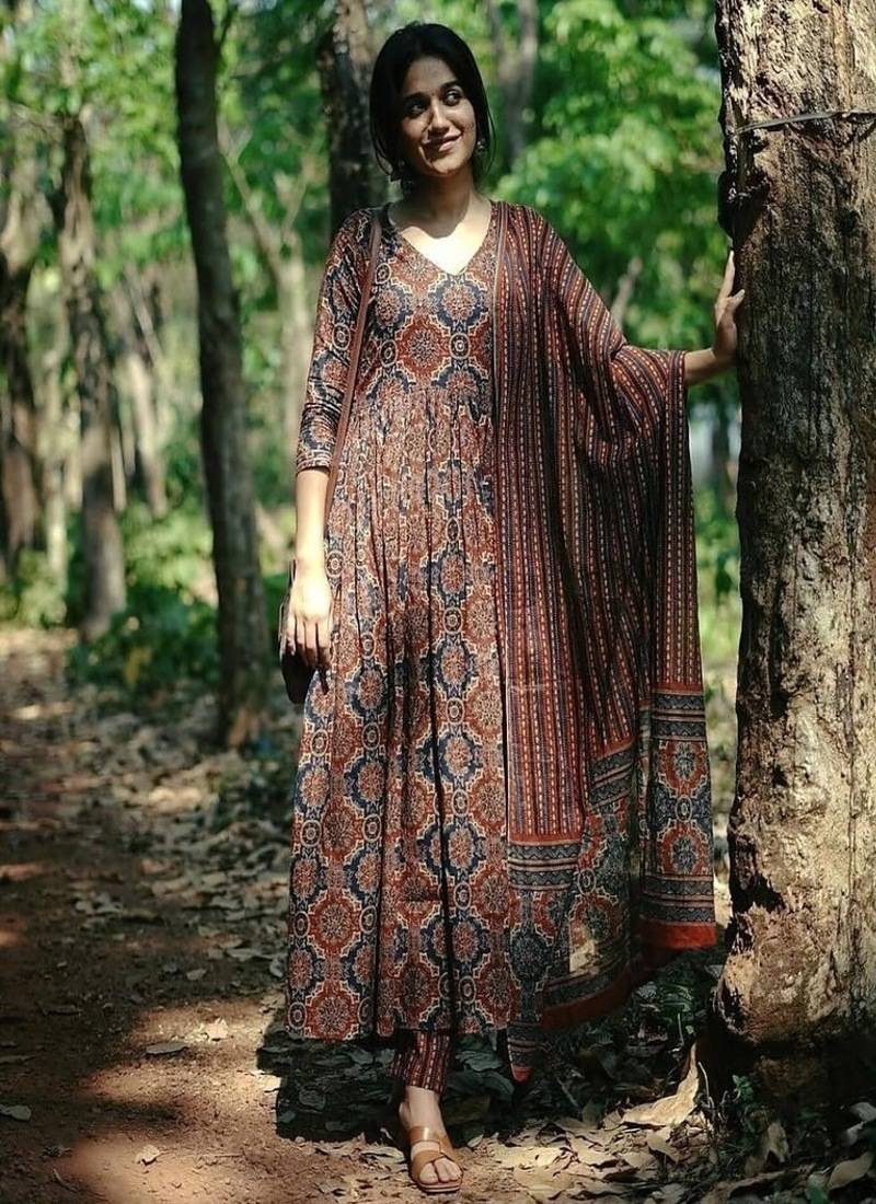brown floral printed  cotton kurta with trouser and dupatta