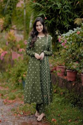 green floral embroidered boat neck cotton kurta with trouser and dupatta 1