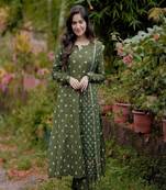 green floral embroidered boat neck cotton kurta with trouser and dupatta
