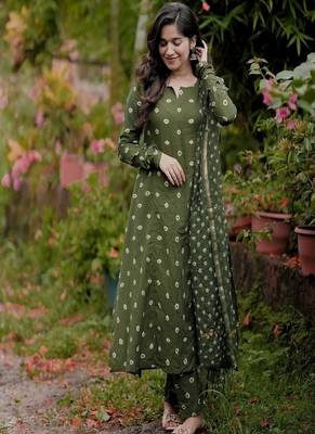 green floral embroidered boat neck cotton kurta with trouser and dupatta 2
