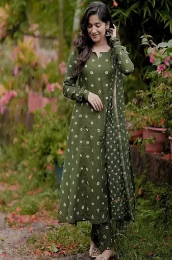 green floral embroidered boat neck cotton kurta with trouser and dupatta