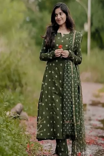 green floral embroidered boat neck cotton kurta with trouser and dupatta