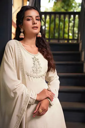 cream vichitra silk embroidered flared anarkali pant and dupatta set