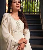 cream vichitra silk embroidered flared anarkali pant and dupatta set