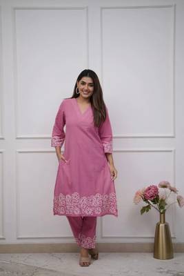 pink floral embroidered cotton kurta with trouser 1