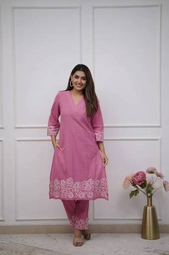 pink floral embroidered  cotton kurta with trouser