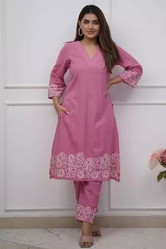 pink floral embroidered  cotton kurta with trouser