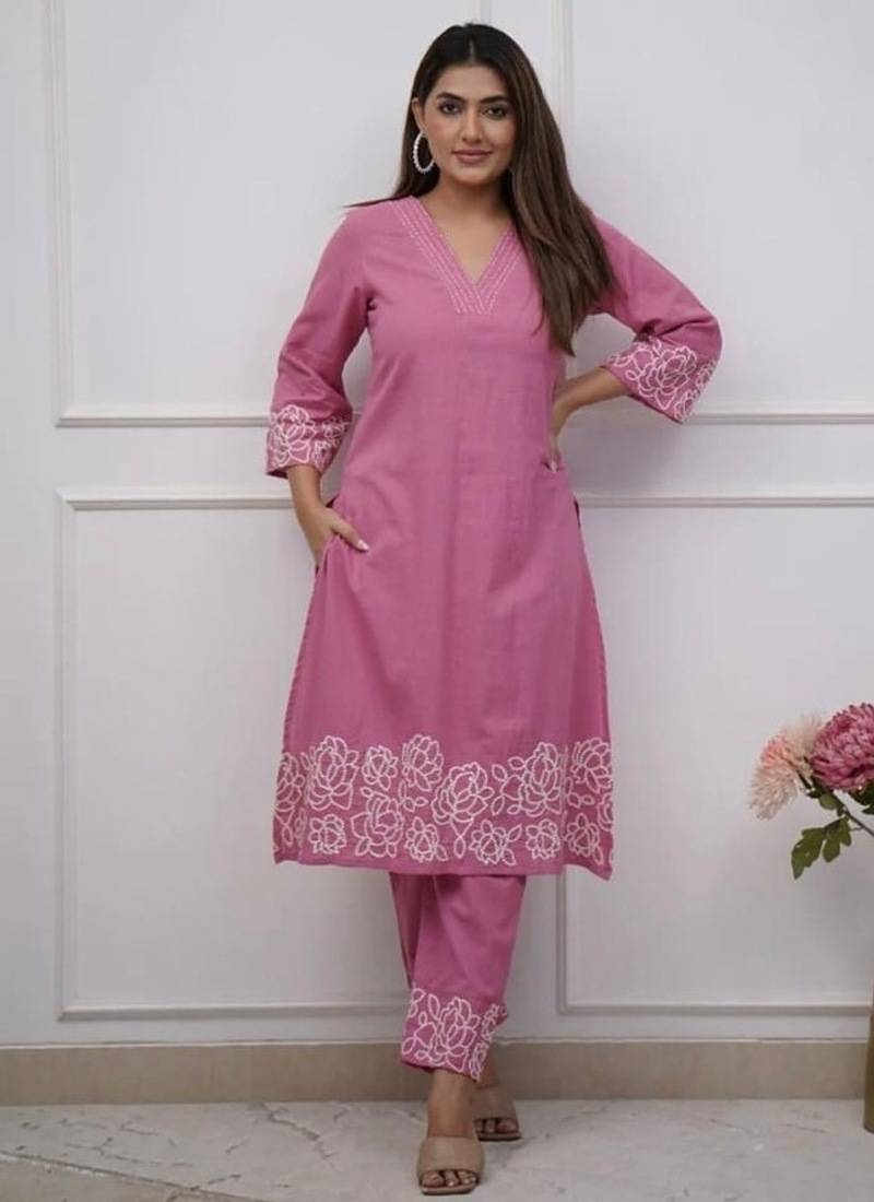 pink floral embroidered  cotton kurta with trouser