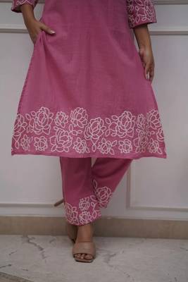 pink floral embroidered cotton kurta with trouser 4