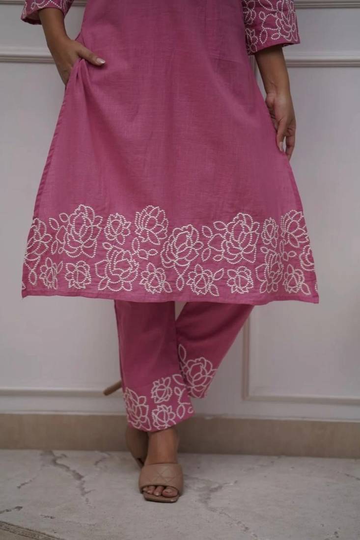 pink floral embroidered  cotton kurta with trouser