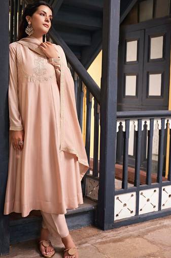 peach vichitra silk embroidered flared anarkali pant and dupatta set